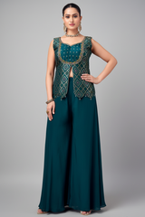 Teal Green Art Silk Woven Slit Cut Palazzo Suit