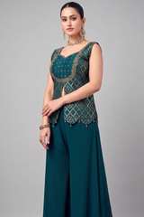 Teal Green Art Silk Woven Slit Cut Palazzo Suit