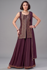 Dark Wine Georgette Woven Palazzo Suit