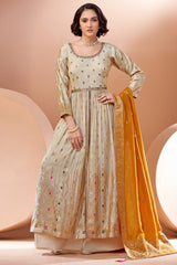 Cream Chinon Georgette Woven Slit Cut Palazzo Suit