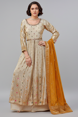 Cream Chinon Georgette Woven Slit Cut Palazzo Suit