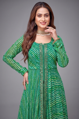 Green Georgette Chiffon Leheriya Printed Palazzo Suit with Mirror Work