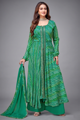 Green Georgette Chiffon Leheriya Printed Palazzo Suit with Mirror Work
