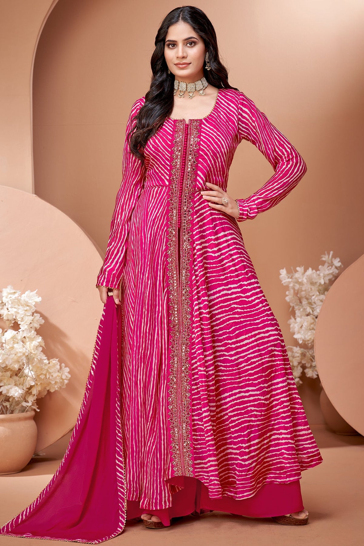 Pink Georgette Chiffon Leheriya Printed Palazzo Suit with Mirror Work