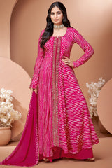 Pink Georgette Chiffon Leheriya Printed Palazzo Suit with Mirror Work