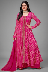 Pink Georgette Chiffon Leheriya Printed Palazzo Suit with Mirror Work