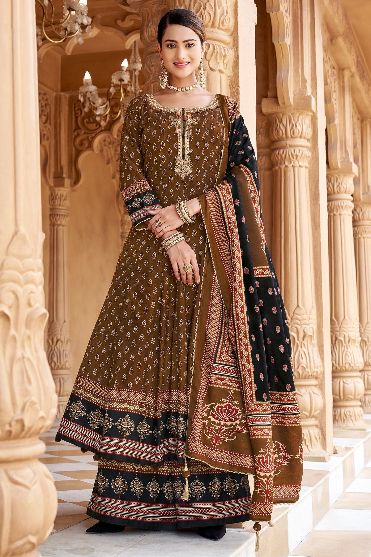 Brown Crepe Muslin Printed Anarkali Palazzo Suit