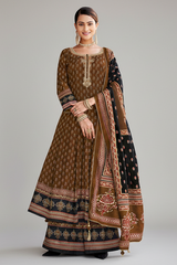 Brown Crepe Muslin Printed Anarkali Palazzo Suit