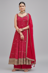 Pink and Red Georgette Bandhej Printed Anarkali Palazzo Suit