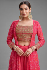 Pink Chinon Georgette Mirror Embroidered Crop Top Palazzo with Bandhej Jacket