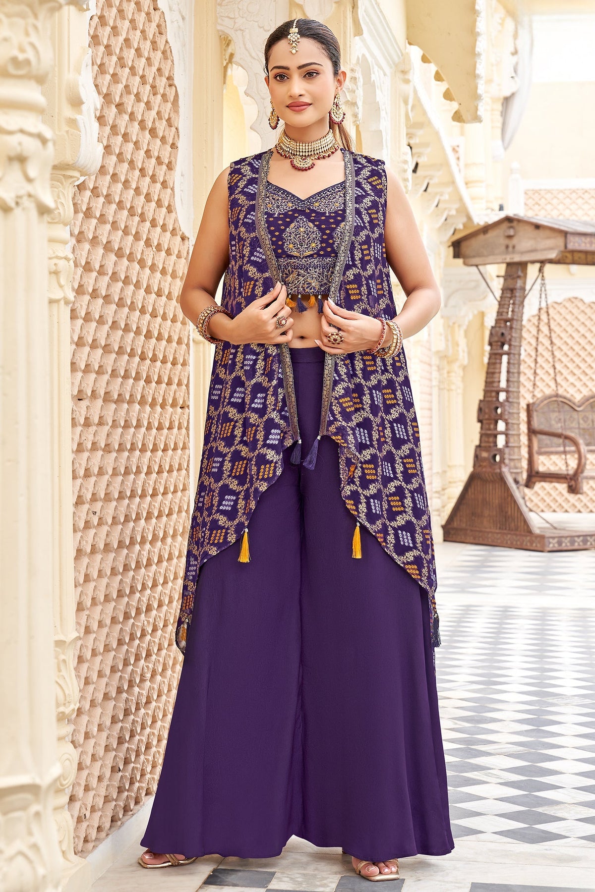 Cyber Grape Purple Georgette Bandhej Crop Top Palazzo Set with Jacket