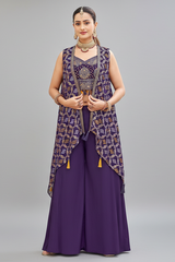 Cyber Grape Purple Georgette Bandhej Crop Top Palazzo Set with Jacket