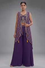 Cyber Grape Purple Georgette Bandhej Crop Top Palazzo Set with Jacket