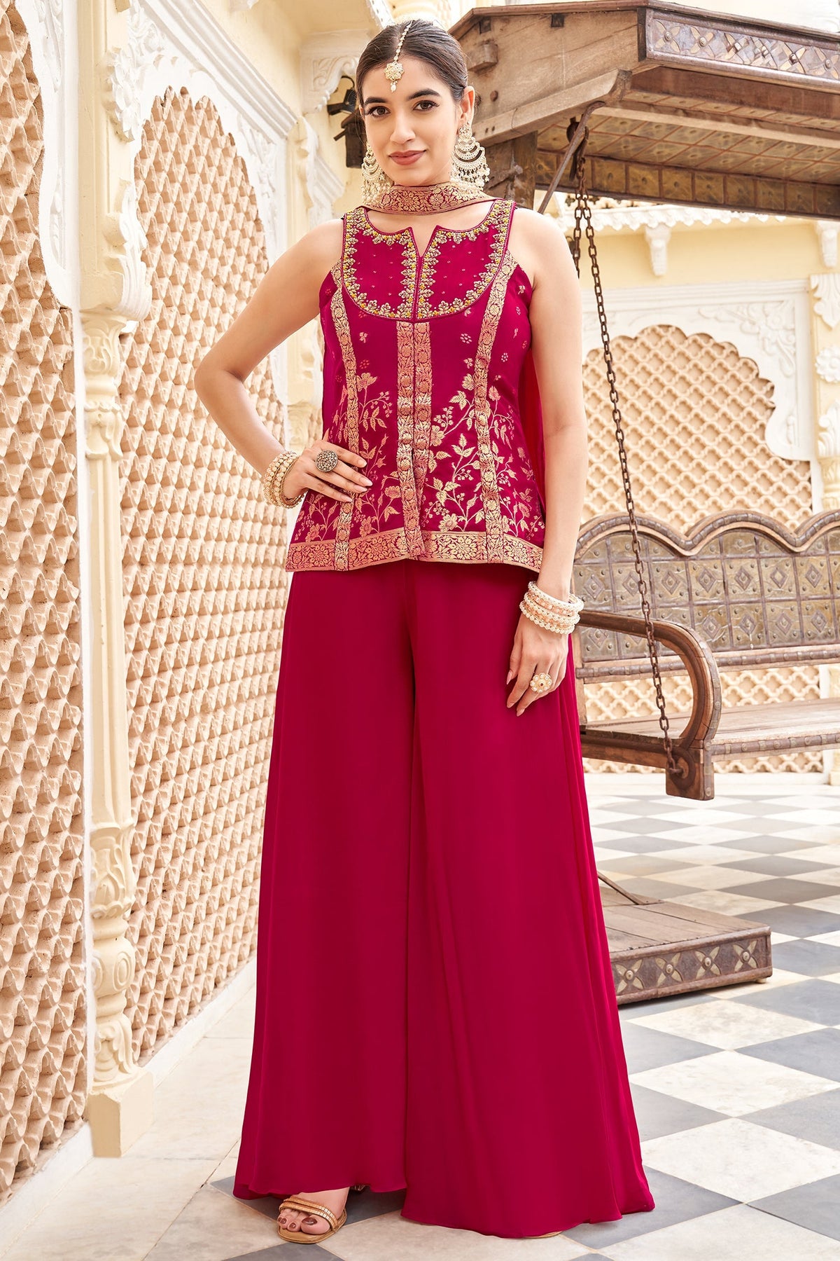 Pink Georgette Woven Palazzo Suit
