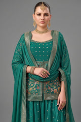 Pine Green Chinon Georgette Floral Woven Palazzo Suit