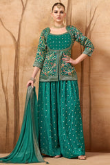 Pine Green Chinon Georgette Floral Woven Palazzo Suit