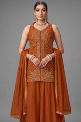 Rust Orange Woven Art Silk Palazzo Suit with Sequin Cutdana Work
