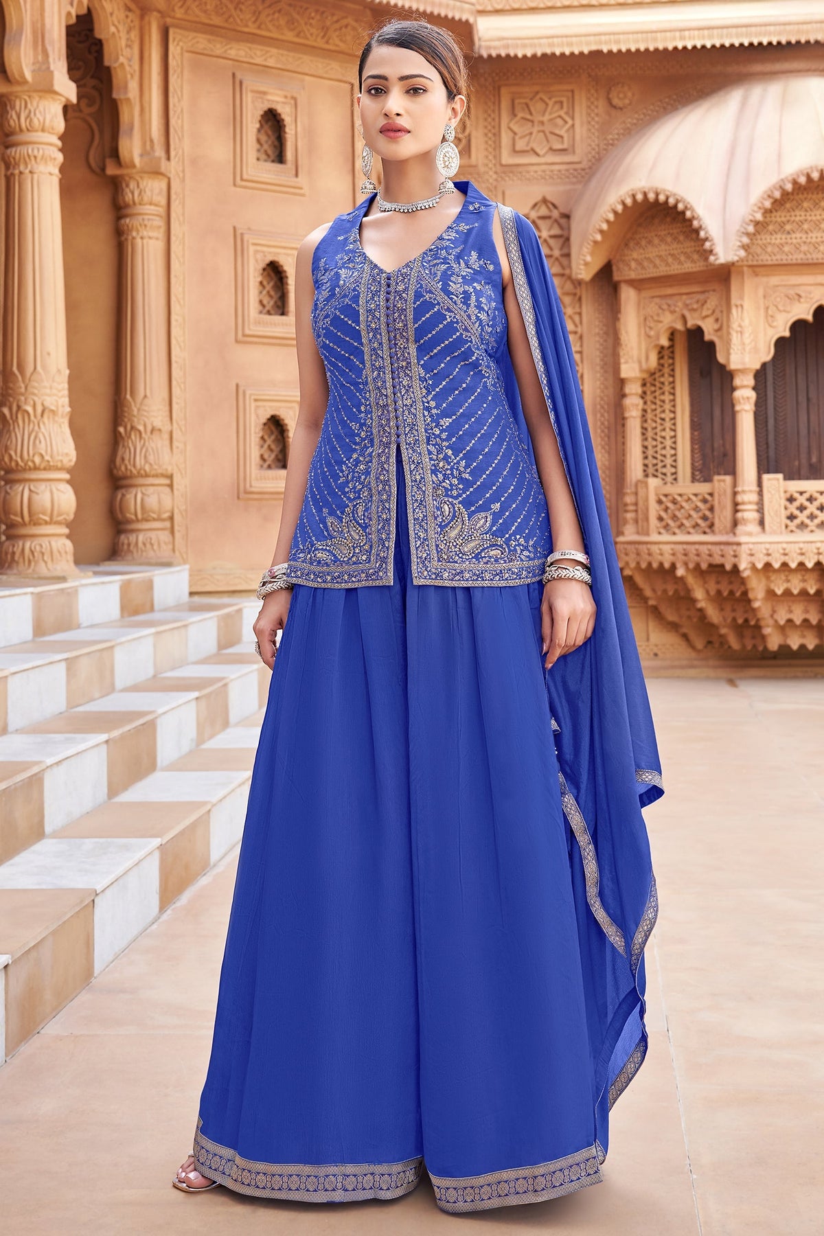 Blue Woven Art Silk Palazzo Suit with Sequin Cutdana Work