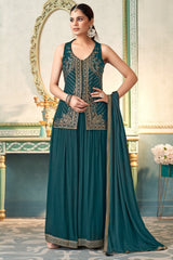 Midnight Green Art Silk Woven Palazzo Suit with Sequin Cutdana Work