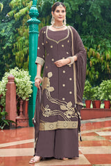 Mauve Art Silk Floral Woven Straight Cut Suit