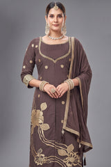 Mauve Art Silk Floral Woven Straight Cut Suit