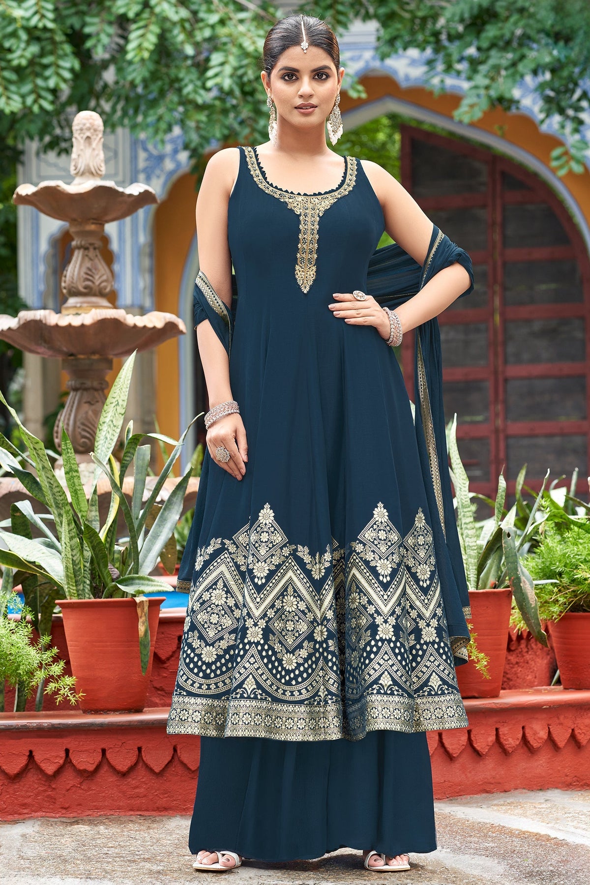 Rama Blue Georgette Woven Anarkali Palazzo Suit