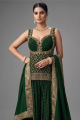 Green Chinon Art Silk Woven Palazzo Suit