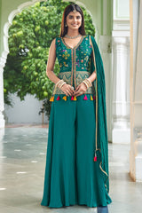 Rama Blue Georgette Patola Design Palazzo Suit with Weaving