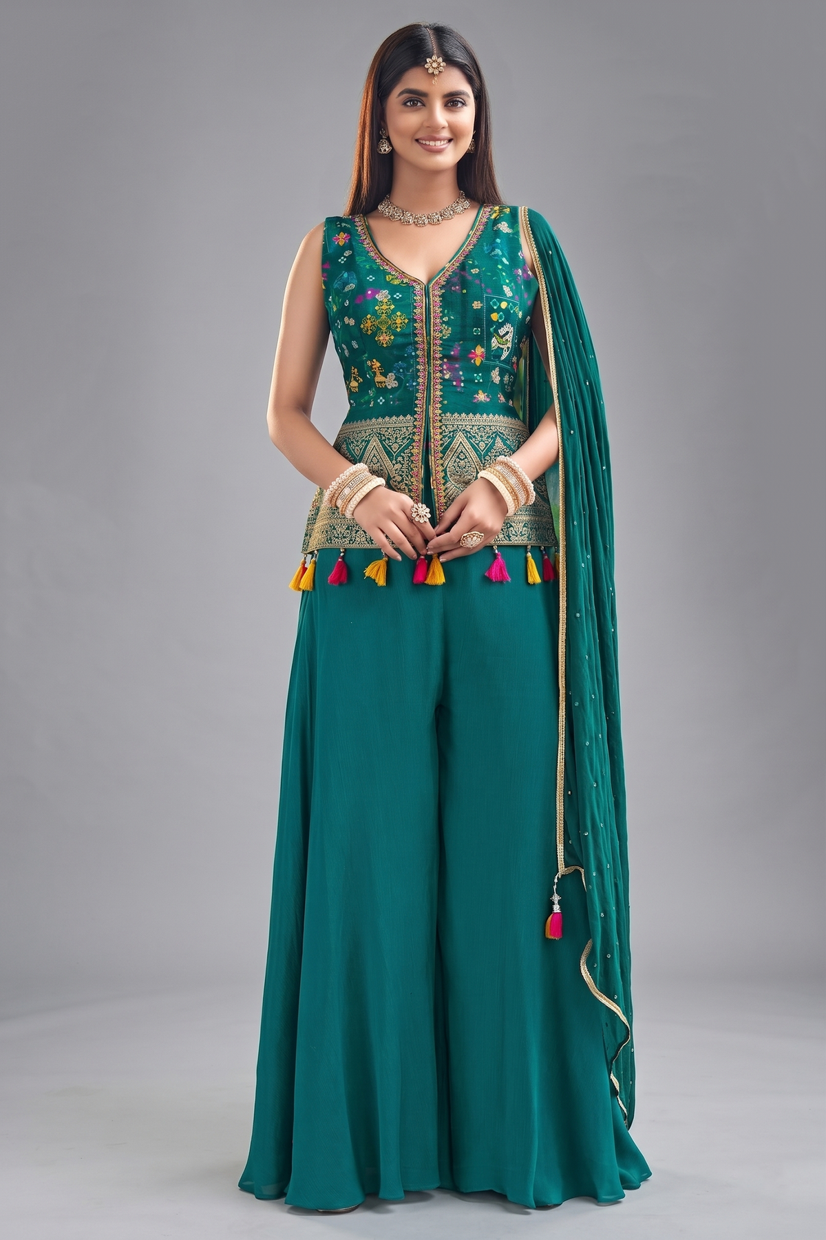 Rama Blue Georgette Patola Design Palazzo Suit with Weaving