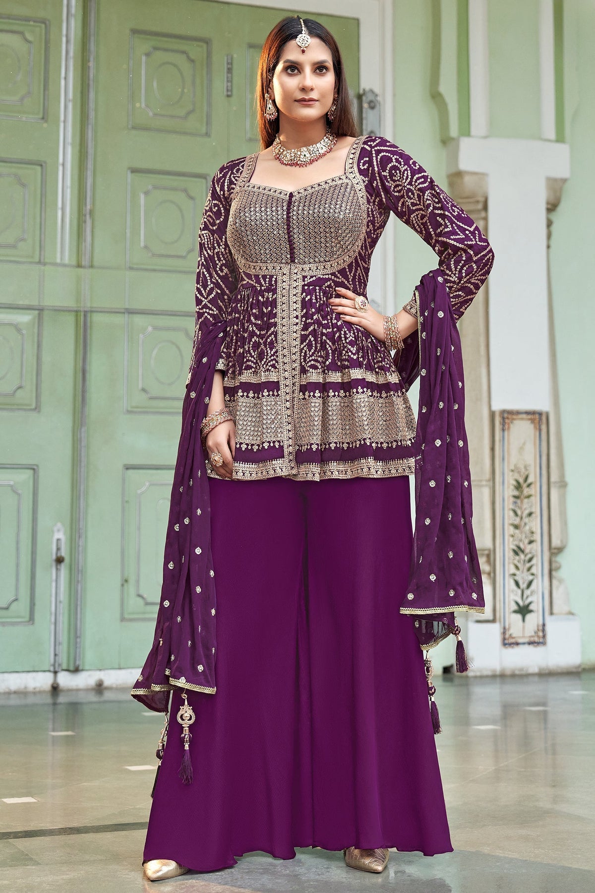 Wine Purple Art Silk Sequin Embroidered Peplum Style Palazzo Suit