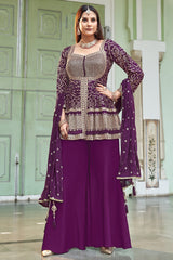 Wine Purple Art Silk Sequin Embroidered Peplum Style Palazzo Suit
