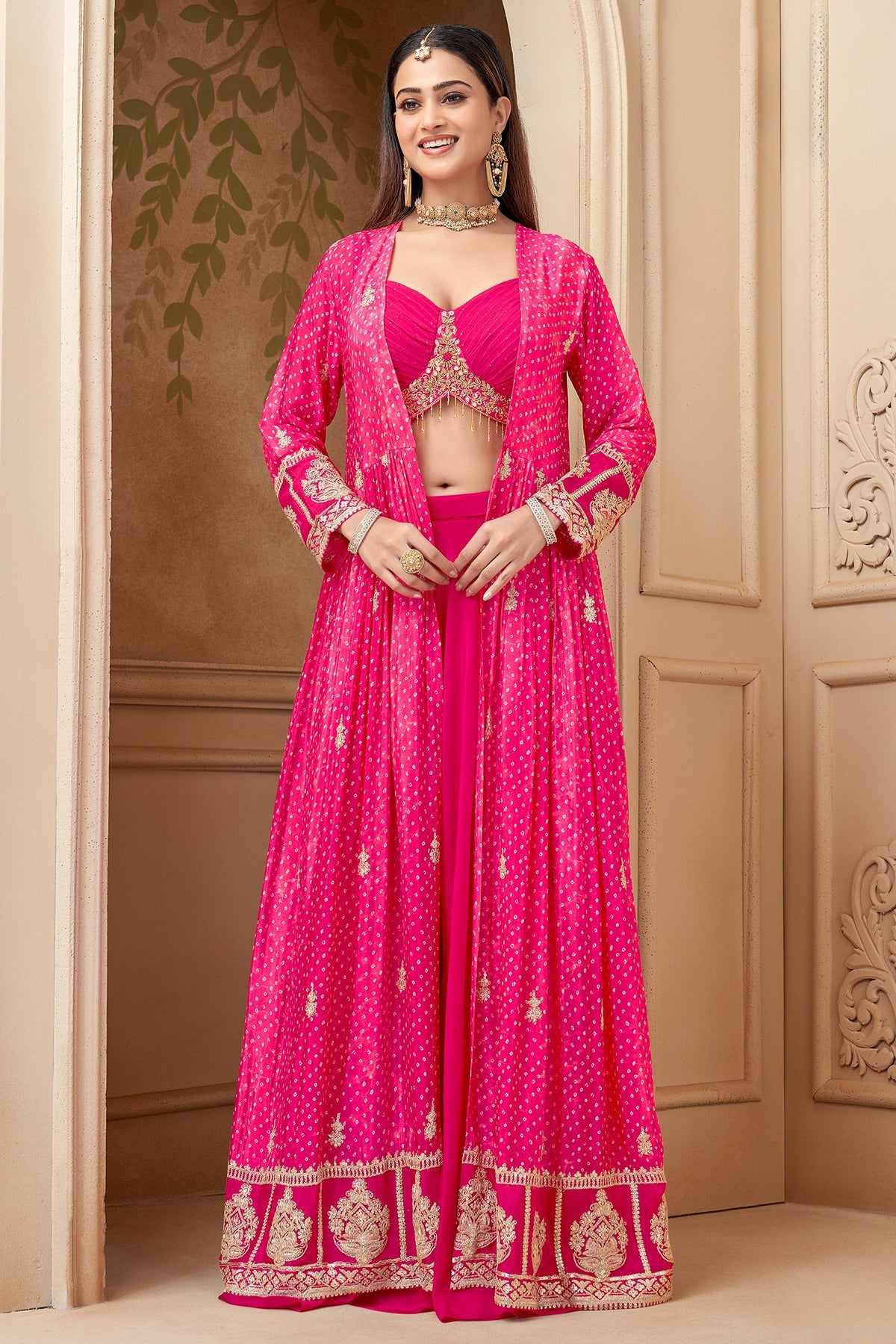 Pink Georgette Crop Top Palazzo Set with Printed Jacket