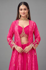 Pink Georgette Crop Top Palazzo Set with Printed Jacket