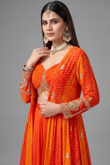 Orange Georgette Crop Top Palazzo Set with Printed Jacket