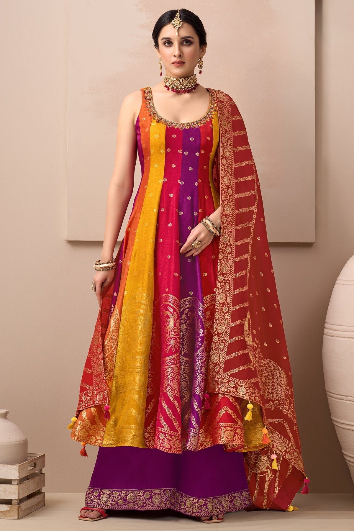 Multi Colored Art Silk Woven Anarkali Palazzo Suit