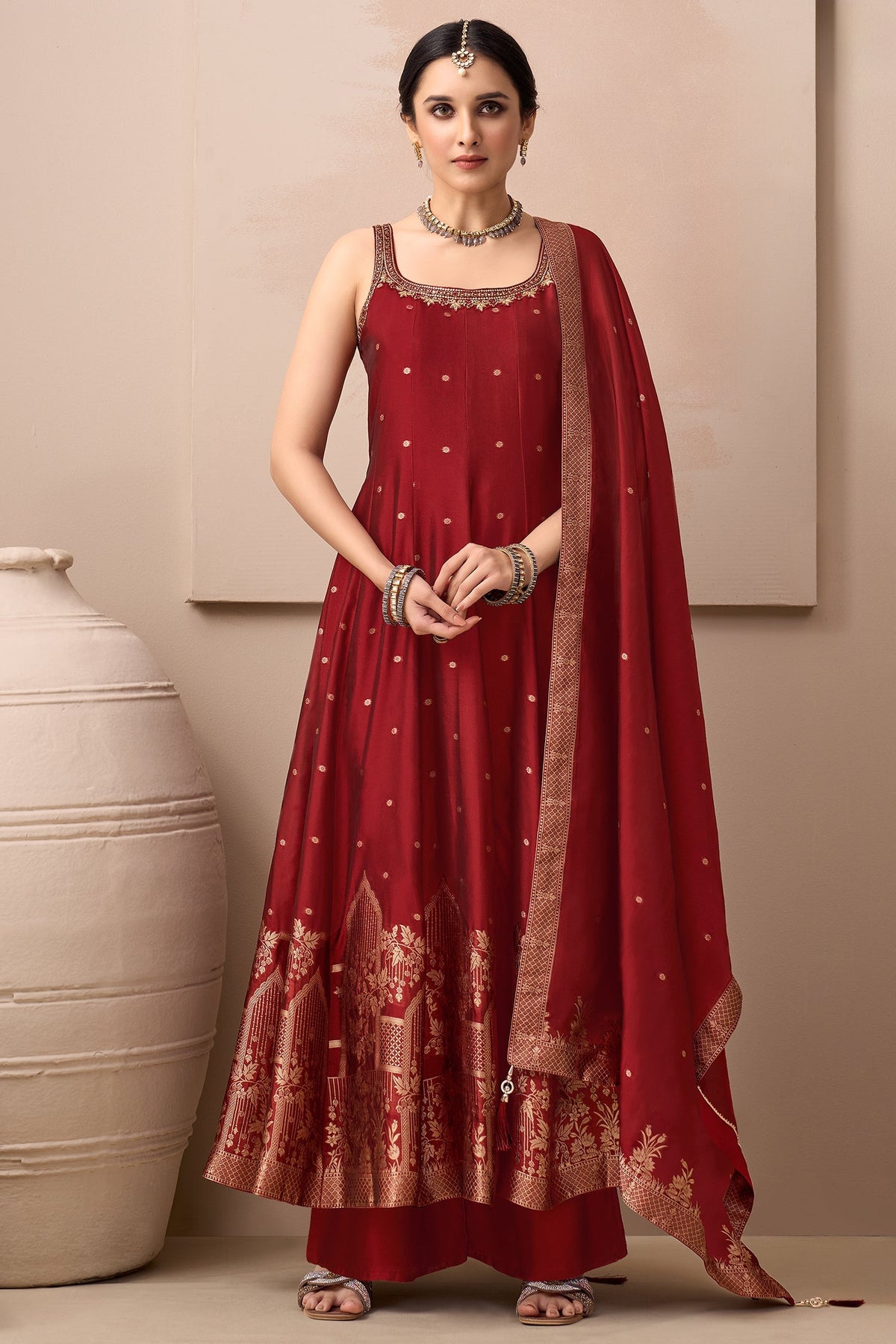 Maroon Art Silk Woven Anarkali Palazzo Suit with Beads and Mirror Work