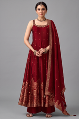 Maroon Art Silk Woven Anarkali Palazzo Suit with Beads and Mirror Work