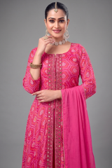 Pink Georgette Bandhej Printed Slit Cut Palazzo Suit