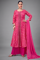 Pink Georgette Bandhej Printed Slit Cut Palazzo Suit