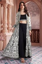 Black Georgette Sequin Beaded Crop Top Palazzo Set with Printed Jacket