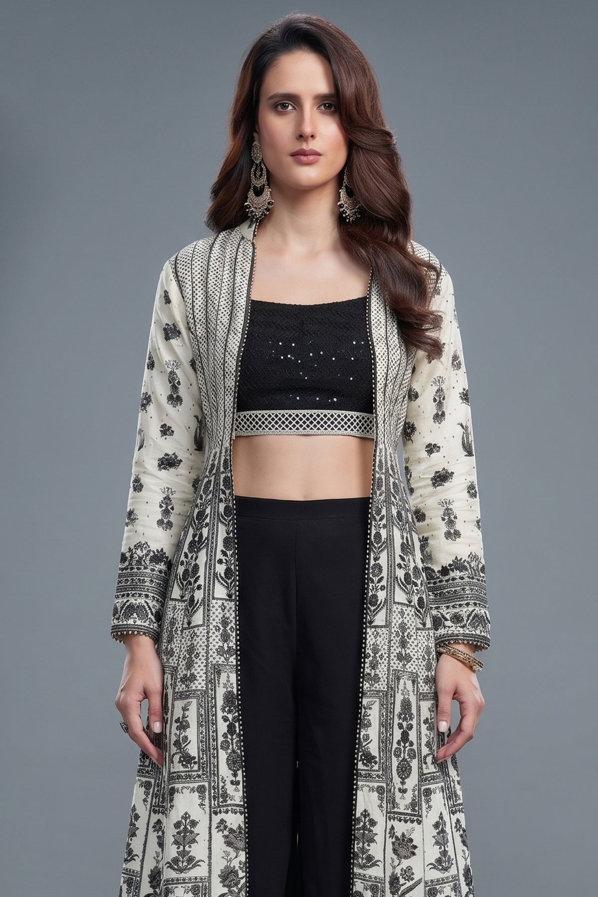 Black Georgette Sequin Beaded Crop Top Palazzo Set with Printed Jacket