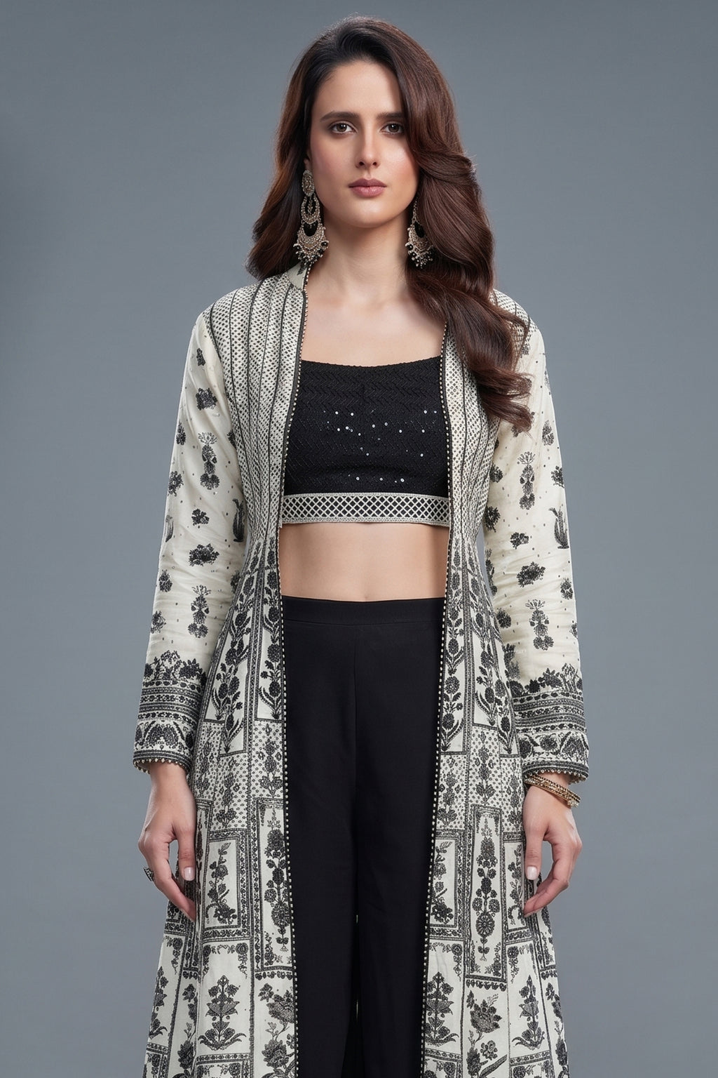 Black Georgette Sequin Beaded Crop Top Palazzo Set with Printed Jacket