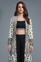 Black Georgette Sequin Beaded Crop Top Palazzo Set with Printed Jacket