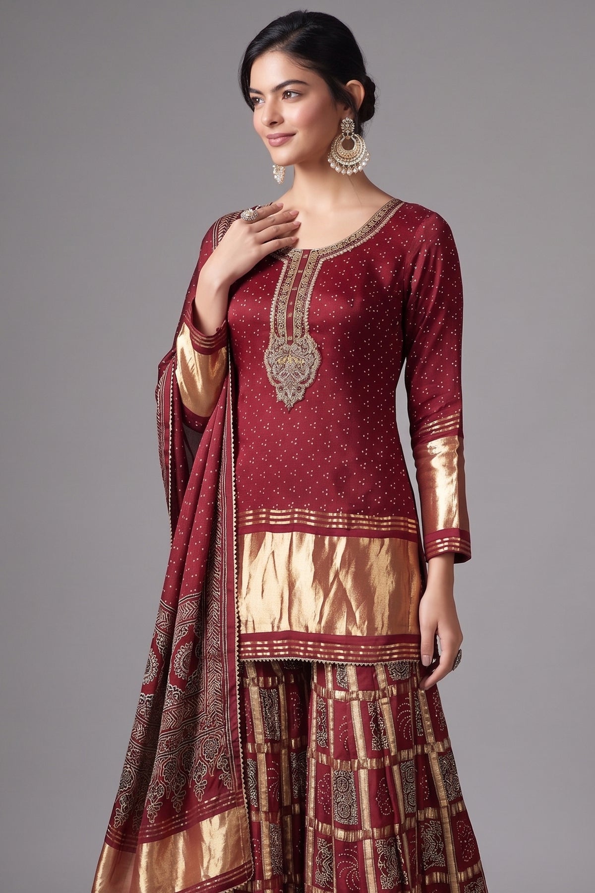 Maroon Gaji Silk Sharara Suit with Zardosi and Cutdana Work