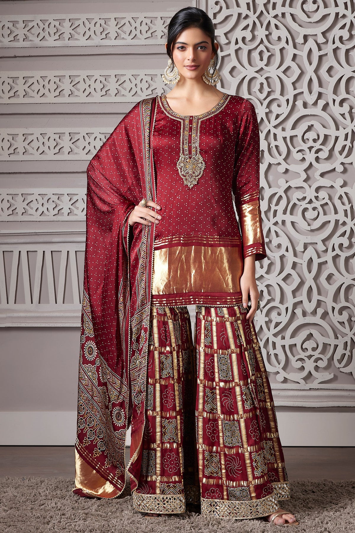Maroon Gaji Silk Sharara Suit with Zardosi and Cutdana Work
