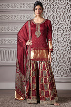 Maroon Gaji Silk Sharara Suit with Zardosi and Cutdana Work