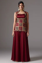 Maroon Gaji Silk Ajrakh Printed Palazzo Suit