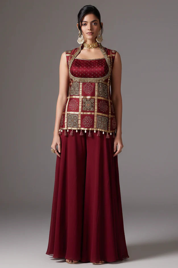Maroon Gaji Silk Ajrakh Printed Palazzo Suit