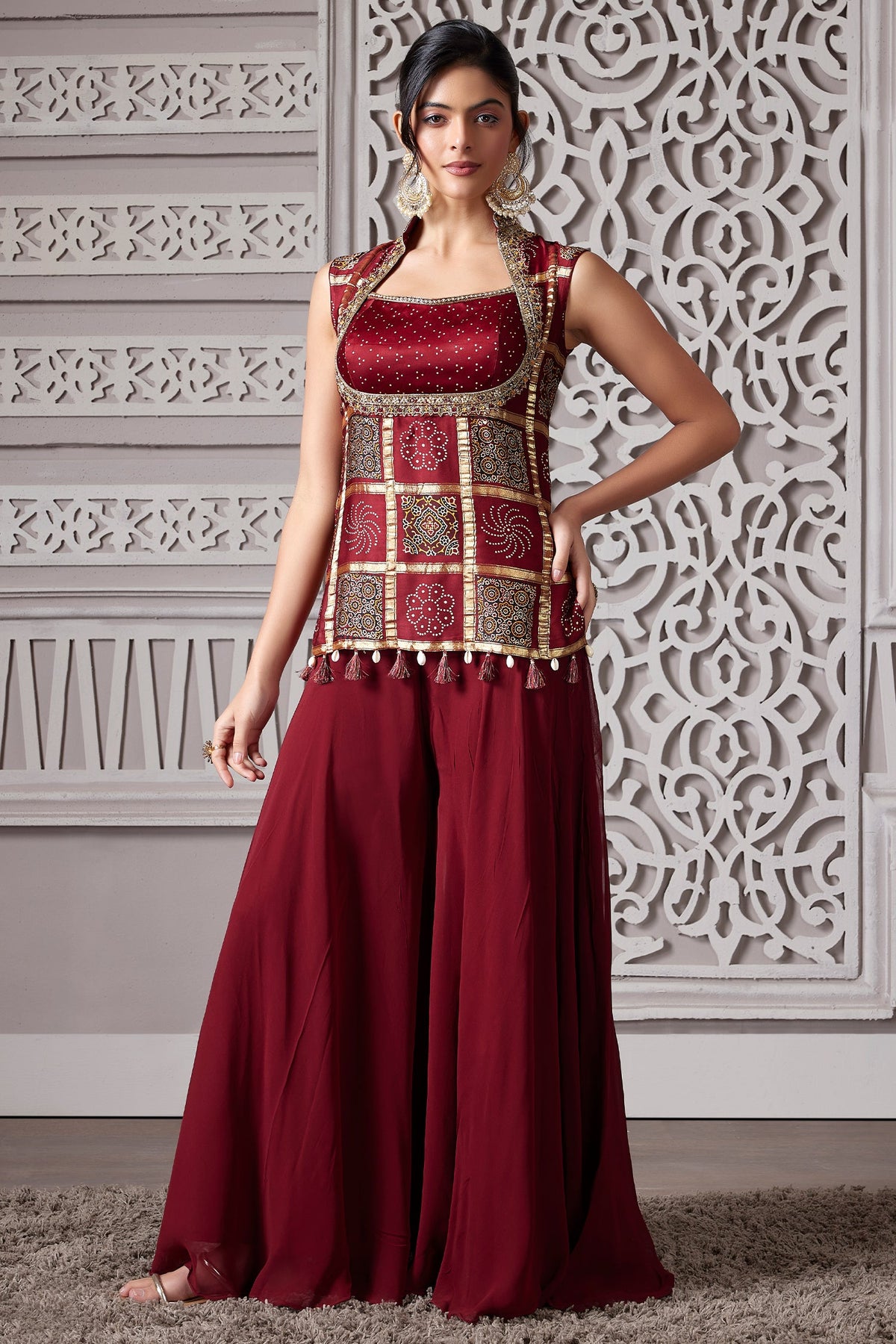Maroon Gaji Silk Ajrakh Printed Palazzo Suit