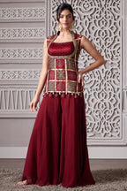 Maroon Gaji Silk Ajrakh Printed Palazzo Suit